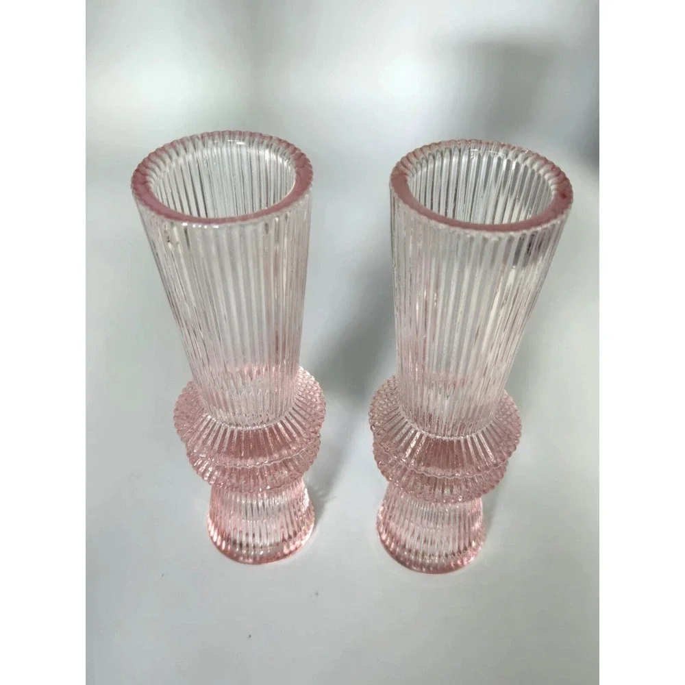 Mikasa Pink Glass‎ Candle Holder Pair Ribbed Column Bud Vases 6.25